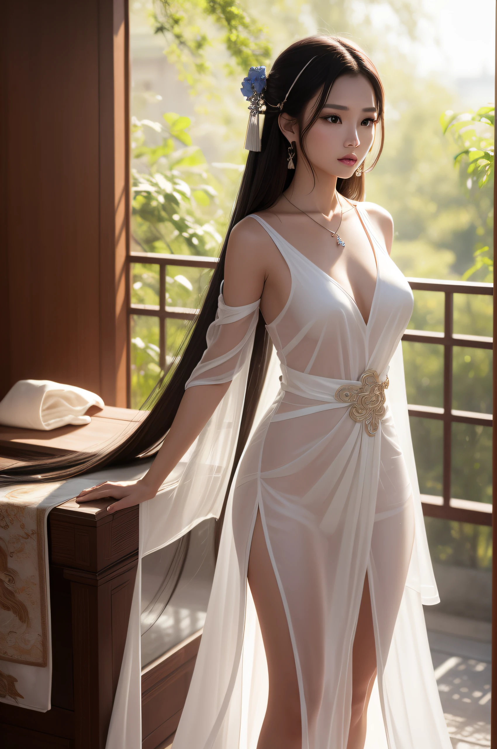 ((masterpiece)), high quality, best quality, hd, 8k, high res, perfect face, best ornament hair, necklace, jewelry, ultra detiled skins, 1 girl wuxia, silk hairs, hyper detailed hairs white dress, wet dress fit body, beautiful breast, upon body, focus viewer, wearing silk dress transparent, blushing, high heels, cinematic, ray tracing, ultra shadows background