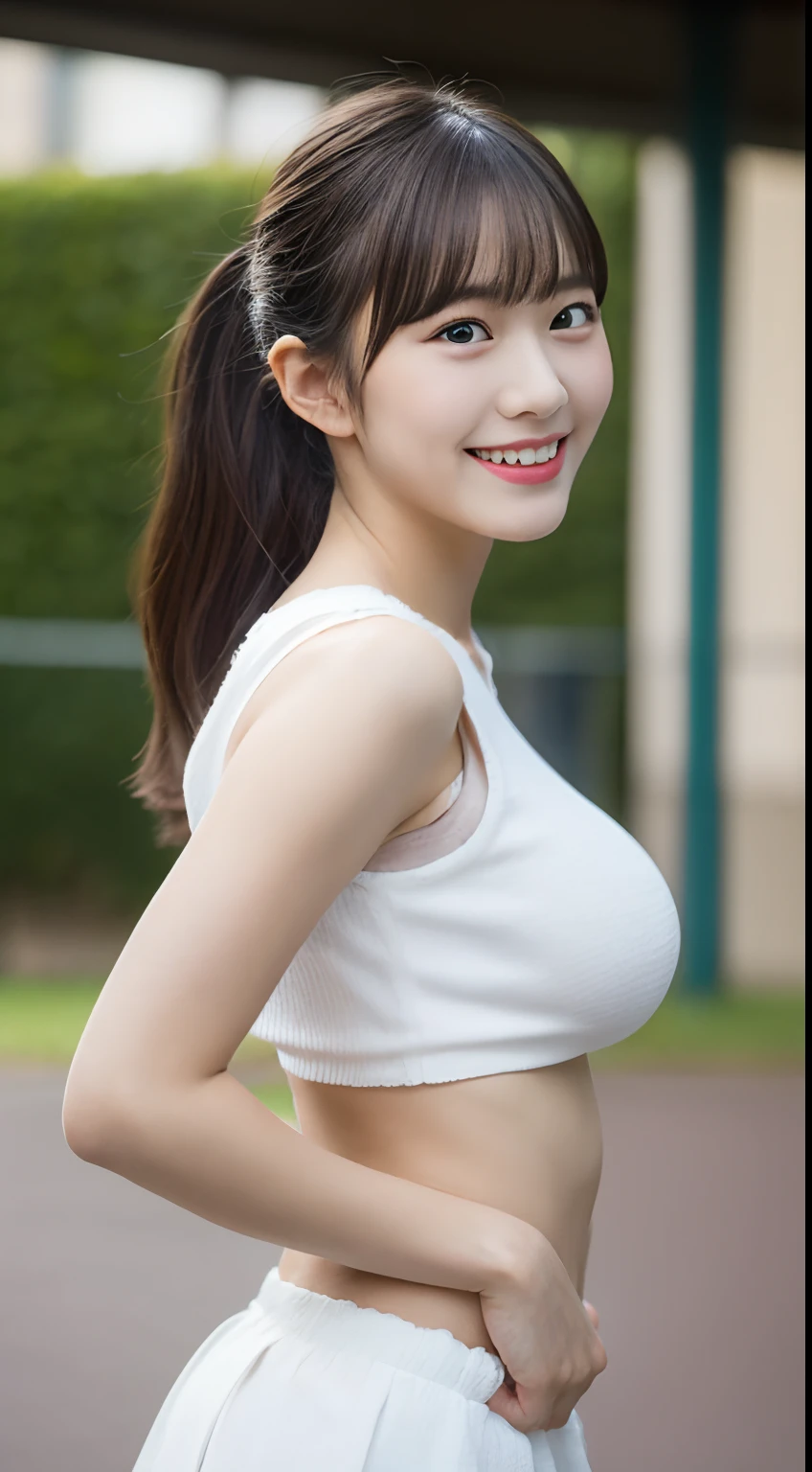 ((The highest image quality, 8K, tmasterpiece:1.3)),((1个Giant Breast Girl)),small braids,Ultra-fine face,A detailed eye,ssmile,Small chest,Slender Abs,legs are very thin and long,Buttocks directed upwards,((White Sports Vest,White sweatpants,The background is a sorghum field)),