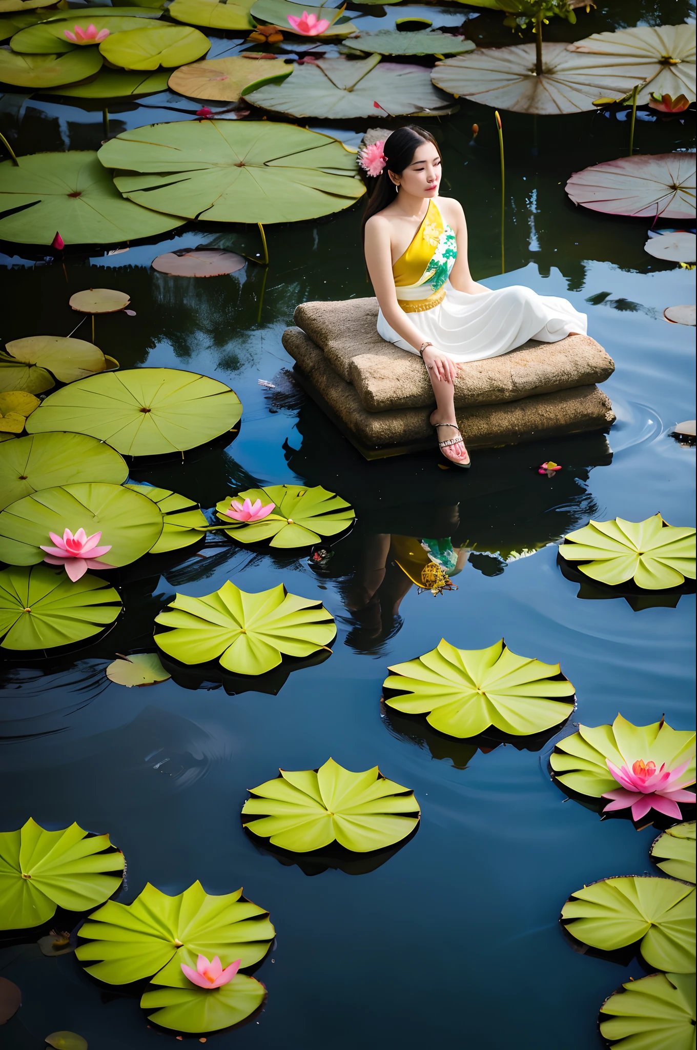 AOYEM, The beauty of the woman can be enhanced by the reflection of lotus flowers in the water. The vibrant colors of lotus flowers can also add to the beauty of the scene., Create a harmonious mix of colors, Photo brute,(very detailed skin:1.2), 8K UHD, DSLR, softlighting, High quality, grain du film, photoreallistic,