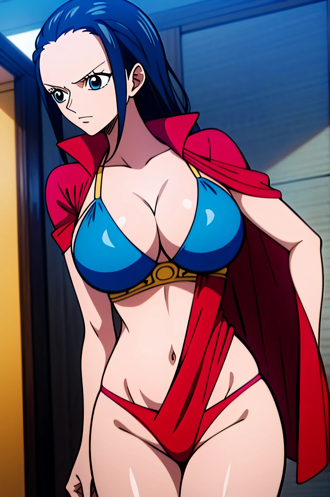 Robin de One Piece, sexy pose, What if , Elly, Red sari, 8k, anime, Shore, Big Boob, large ass, Looks sexy perfect quality eyes blue eyes standing blue bikini