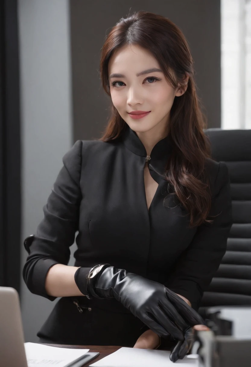 Wearing black leather gloves on both hands, Upper body, Black business suit, Facing the desk in my room with a computer in the dark, Look down and smile, Use a fountain pen to write a letter, Black hair was tied back for a long time, Still young and very cute Japan female new employee (Black leather gloves cover both hands)Gentle smile looking at the camera、Black leather gloves to do the job