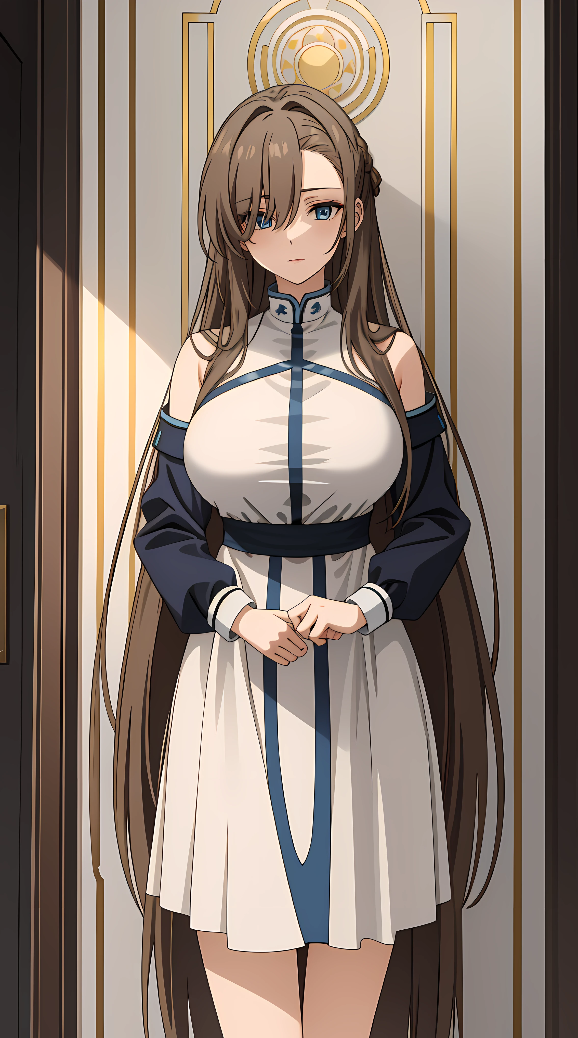 (highres), (absurdres), (best quality), (high quality), (masterpiece), 1girl, asuna, blue eyes, long hair, hair over one eye, very long hair, light brown hair, (large breasts), beautiful black latex dress, pray hands sign, looking at viewer, 8K HD RTX, exquisite finger details, (looking at viewer, standing at attention, cowboy shot)