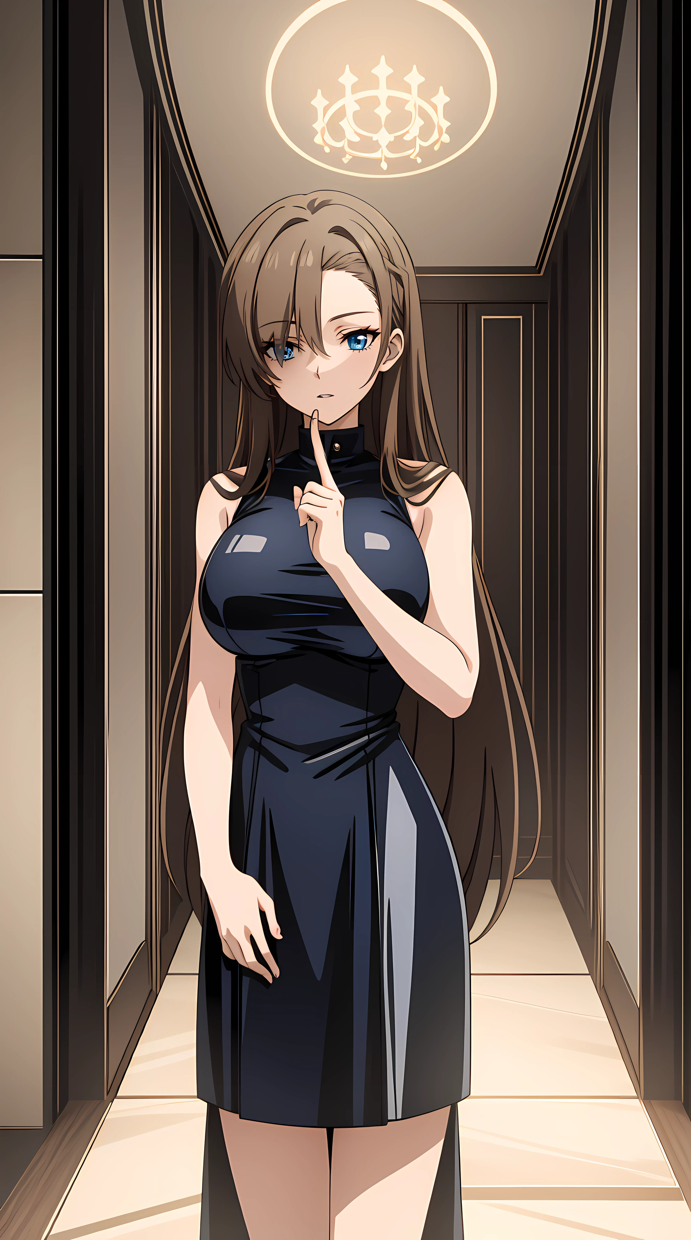 (highres), (absurdres), (best quality), (high quality), (masterpiece), 1girl, asuna, blue eyes, long hair, hair over one eye, very long hair, light brown hair, (large breasts), beautiful black latex dress, pray hands sign, looking at viewer, 8K HD RTX, exquisite finger details, (looking at viewer, standing at attention, cowboy shot)