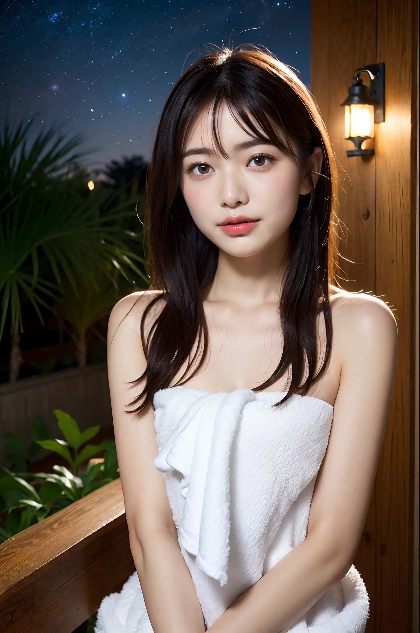 (natta:1.7), East Asian Architecture, 1womanl,Sitting on tatami mats, brunette color hair，（hair between eye）, Lip flap,  (sixteen years old:1.3),(Beautiful shiny straight short long:1.3),Beautiful fingers,Beautiful long legs,Beauty Body，Cute nose，Beautiful character design，perfect  eyes，face perfect，looking at viewert，（Innocent_Big_Eyes：1.0），（light_Smile：0.3），offcial art，Very detailed CG Unity 8K wallpaper、Bright_front_Face_Lighting，（tmasterpiece:1.0),(best_quality:1.0), 超A high resolution,4K,ultra - detailed, photography of, 8K, nffsw, hight resolution, absurderes:1.2, Kodak Portra 400, film grains,  Lens Flare Glow,  (Beautiful_Face:1.5),8K,Raw photo, 、Relax at a hot spring ryokan in Japan、(The subject is the first hot spring trip with a girl:1.3) (Draw an open-air bath more widely:1.2) (Girls are not subjects:1.3) The rooms in the inn are cluttered　(Girl Standing On Balcony:1.3) (Hair after a bath:1.3),((Naked with a small handkerchief towel beside him:1.3)) ,(Hair is wet:1.3),((Beautifully depicts depth and width:1.3)),((The open-air bath is surrounded by Japan garden and large rocks, With just two small lights.:1.3)),((You can see the beautiful starry sky:1.3))(Hide your sexual zones with a small handkerchief towel in the open-air bath:1.2)(Girls are not subjects:1.3),((white tender skin:1.3))Full body like