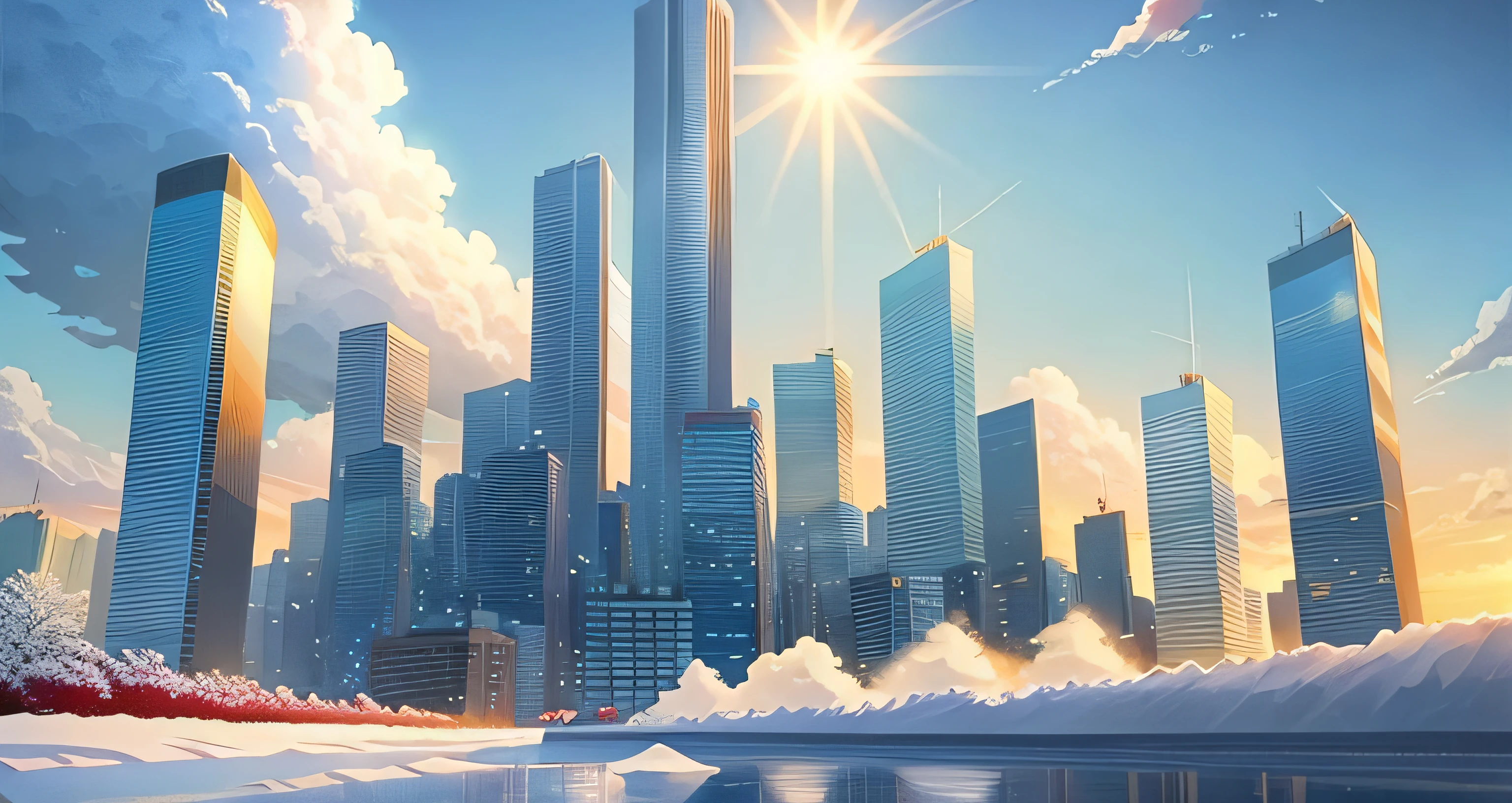 beautiful anime scenery，author：Shinkai sincerely, Garden , Skyscrapers , floating Snow , Winter , Wind , Cloud , sky , evening , Sun , Breeze