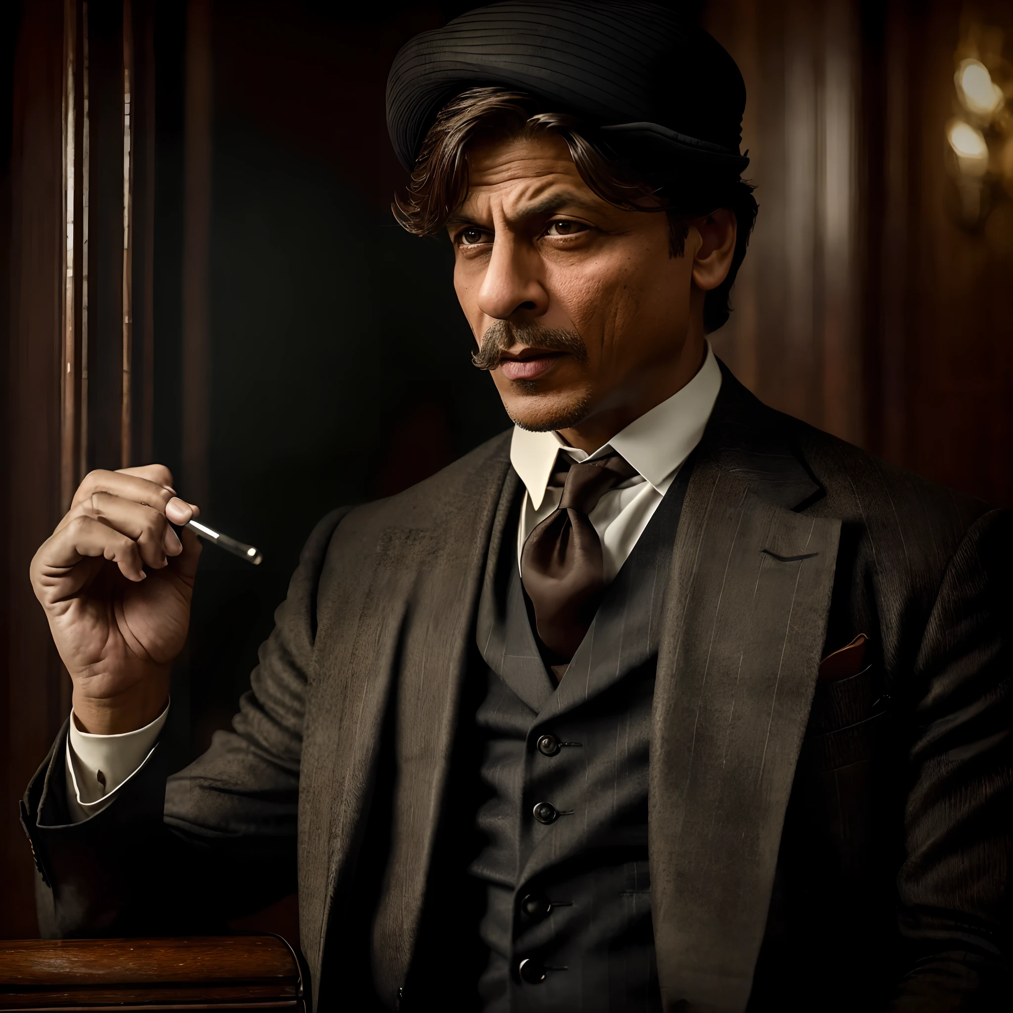 SRK as Thomas Shelby in Peaky Blinders,classic oil painting,subtle brush strokes,detailed facial features,vintage clothing and accessories,captivating gaze,expression of steely determination,Victorian-era background,intense lighting and shadows,rich color tones,high contrast,gritty atmosphere,picturesque landscape,smoke-filled air,authentic period details,(best quality,4k,8k,highres,masterpiece:1.2),ultra-detailed,(realistic,photorealistic,photo-realistic:1.37),cinematic portrait,Art Deco influence,dramatic poses,mysterious aura,masterful depiction of emotions,unique combination of elegance and ruggedness,raw intensity,stylish haircut and well-groomed facial hair,striking presence and commanding presence,deep character study,engaging narrative,thrilling crime drama,grit and glamour,showcasing SRK's versatility. --auto