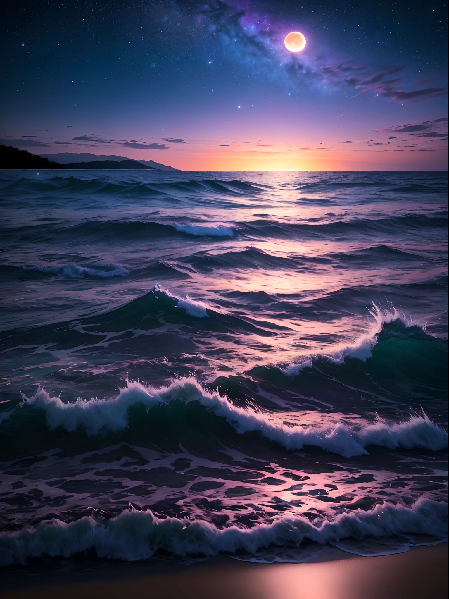 Bioluminescent stars in the sky, Pink Half Moon, Toucan sky, Soft cotton cloud, Waves in the Turkish Sea, shiny, Purple water, Galaxy, Complement the lighting, Flat coastline, sand beach,