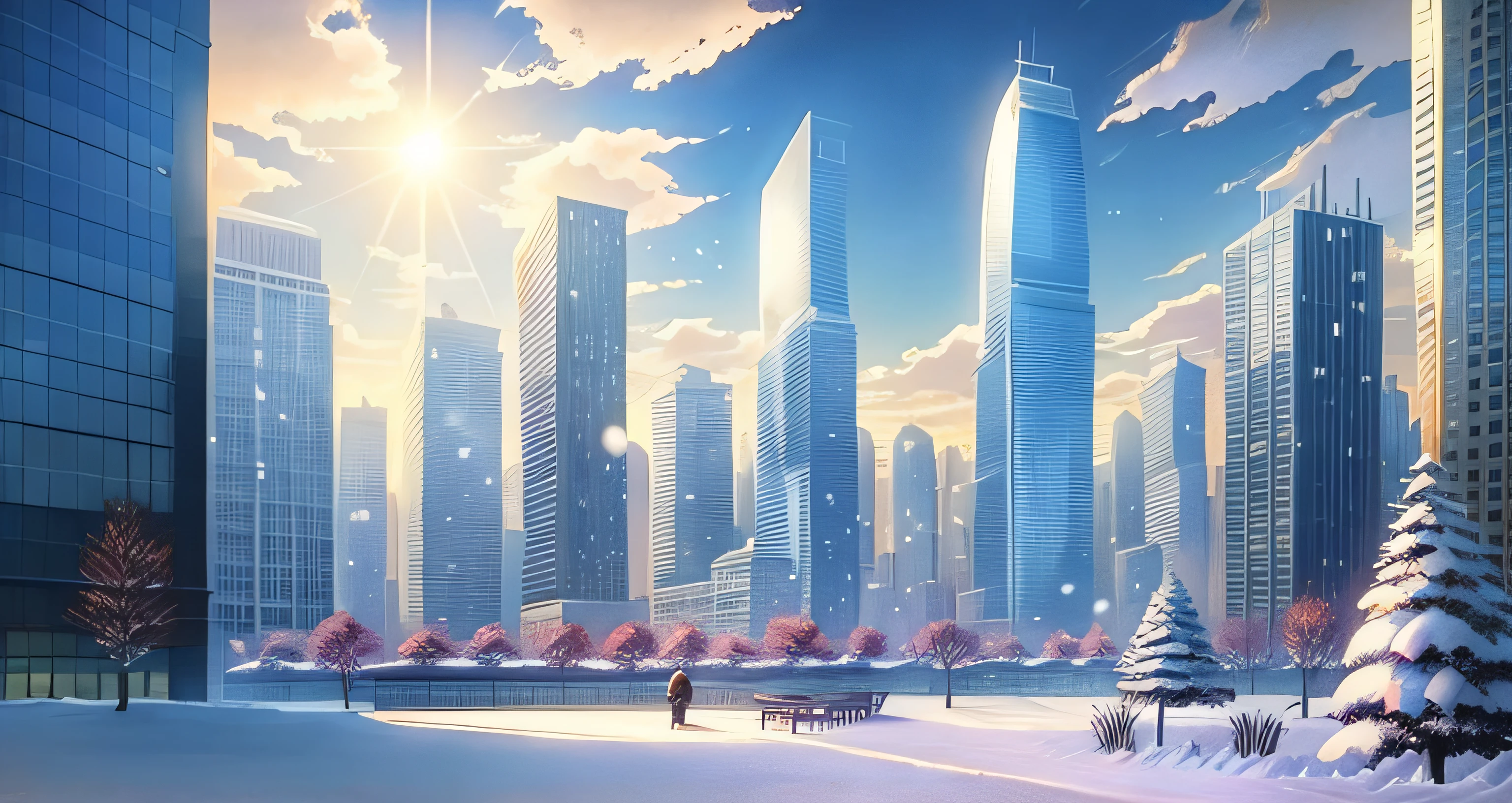 beautiful anime scenery，author：Shinkai sincerely, Garden , Skyscrapers , floating Snow , Winter , Wind , Cloud , sky , evening , Sun , Breeze