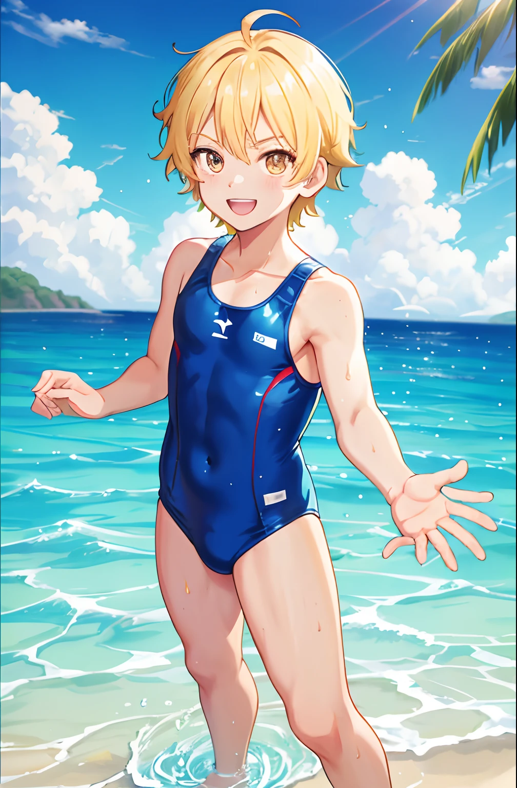 Cartoon image of a man in a swimsuit with a big smile, Short blonde boy, Boy with Golden Eyes, wearing a swimming wear, garments:High-cut swimwear, Swimsuit, Cool anime boy in blue tanksuit, Full body:: Sunny weather::, onepiece swimsuit, Competitive swimsuit, Wet swimsuit,  A clear day, highleg, Ecchi anime style, Bare shoulders, bare legs