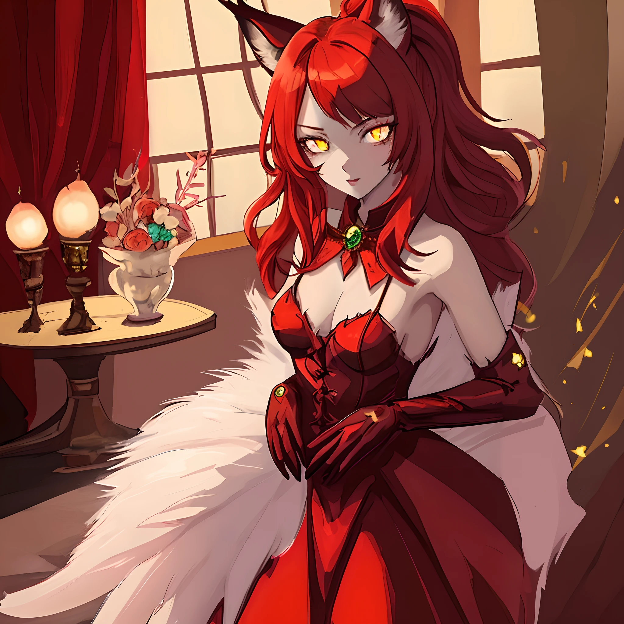 1girl, lynx girl, extremely delicate and seductive girl, long reflecting red hair, lynx ears, fluffy lynx tail, deep red shiny silk dress, jewel adornments glittering like stars, luxurious indoor, dark room only illuminated by her dress, unusual pupils, glowing eyes, magic eyes, cowboy shot, masterpieces, best quality, finely detailed., richly dressed, feline girl, glowify, (unusual pupils), (glowing eyes), (magic eyes)