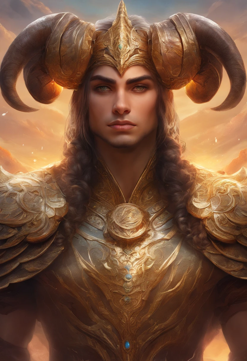 Um majestoso Minotauro, with an imposing Woman's head adorned with deep spiral horns, olhos expressivos, atletic, vestes rasgadas. The bull's skin is dark brown and covered by a thin, pelagem curta. He's on his feet, Pronto para a Batalha, a large axe in one hand and a determined expression on his face.