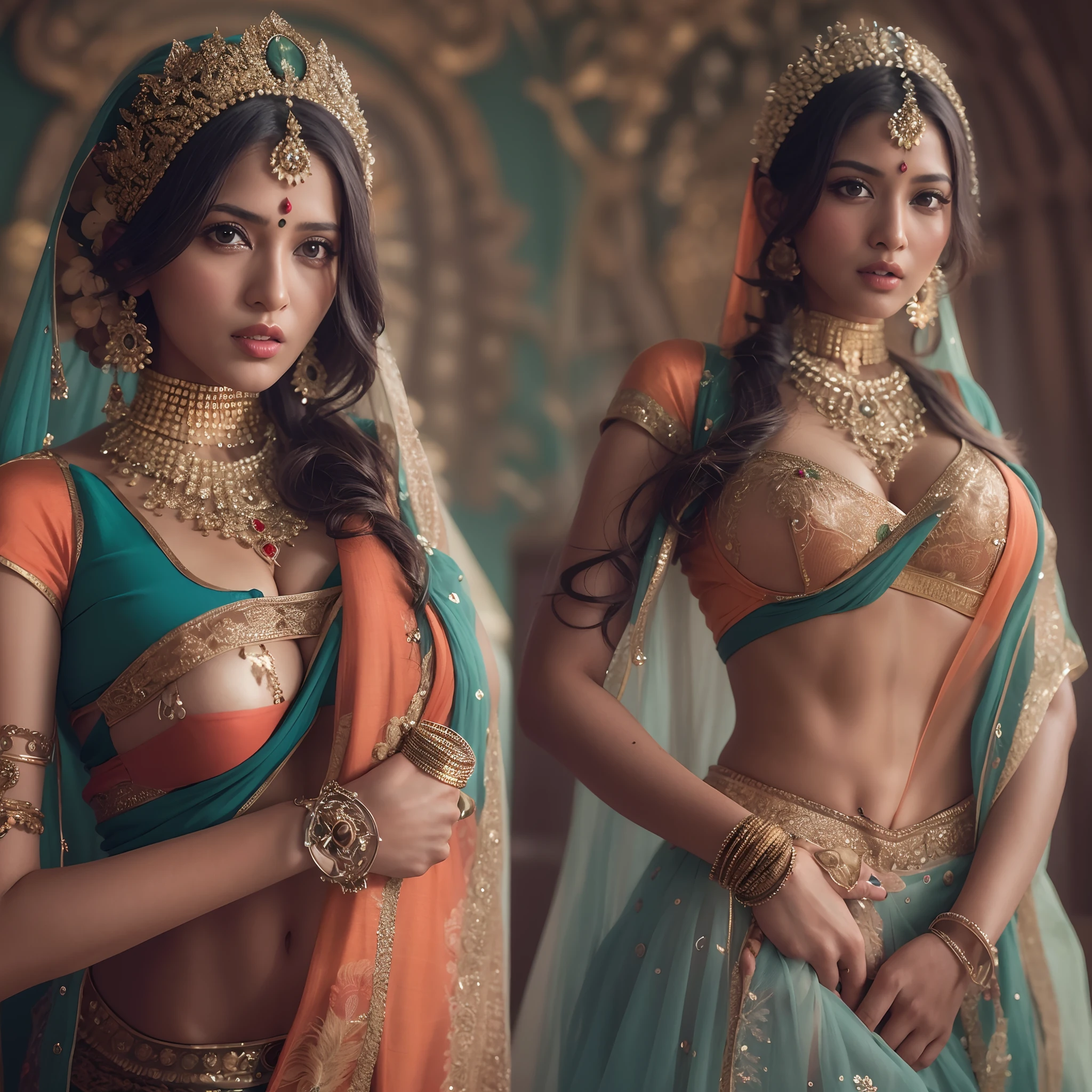 a woman in a sari posing for a picture, indian goddess, traditional beauty, indian, beautiful goddess, ornate cosplay, indian style, indian super model, beautiful maiden, gorgeous woman, south east asian with long, provocative indian, gorgeous beautiful woman, intricate outfit, hindu aesthetic, beautiful asian girl, extremely detailed goddess shot, jaw-dropping beauty, big boobs deep cleavage sexy navel