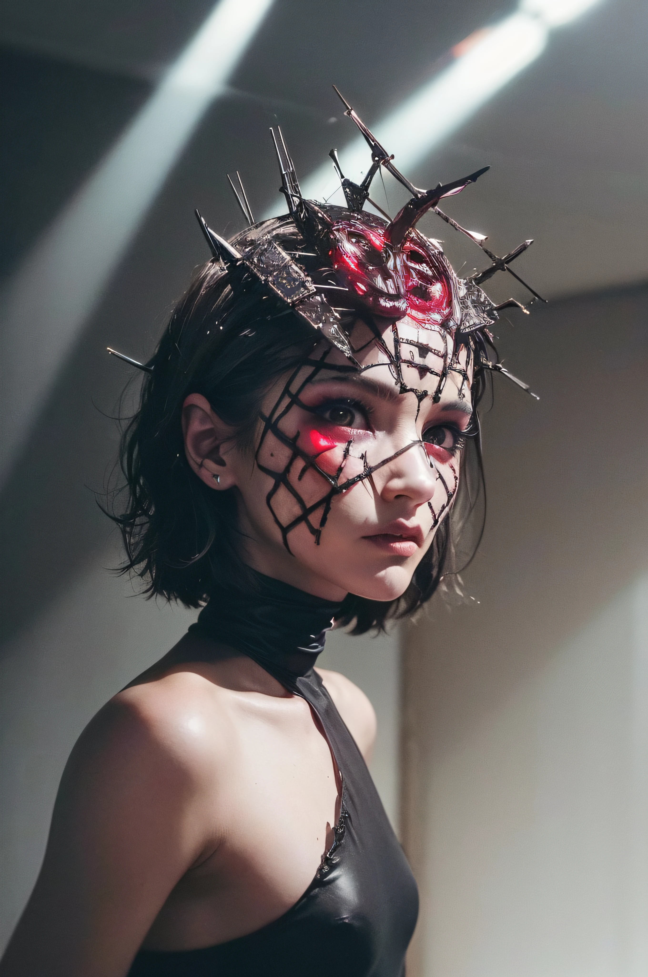 "(The best lighting, oscuro, dramatic),(Mujer alien, Hellraiser, triste, Cicatrices, , sexy, cerebro, sangre, una rata dentro de la cabeza, terror.),(ojos rojos, calaveras). morning light.