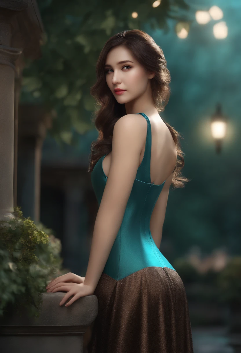 ((Realistic lighting, Best quality, 8K, Masterpiece: 1.3)), Clear focus: 1.2, 1girl, Perfect Body Beauty: 1.4, Slim Abs: 1.1, ((Dark Brown Hair, Big Breasts: 1.3)), (Aqua Dress: 1.4), (Outdoor, Night: 1.1), Super Fine Face, Fine Eyes, Double Eyelids, age19, Looking at Viewer, Realistic, A sexy, upper body