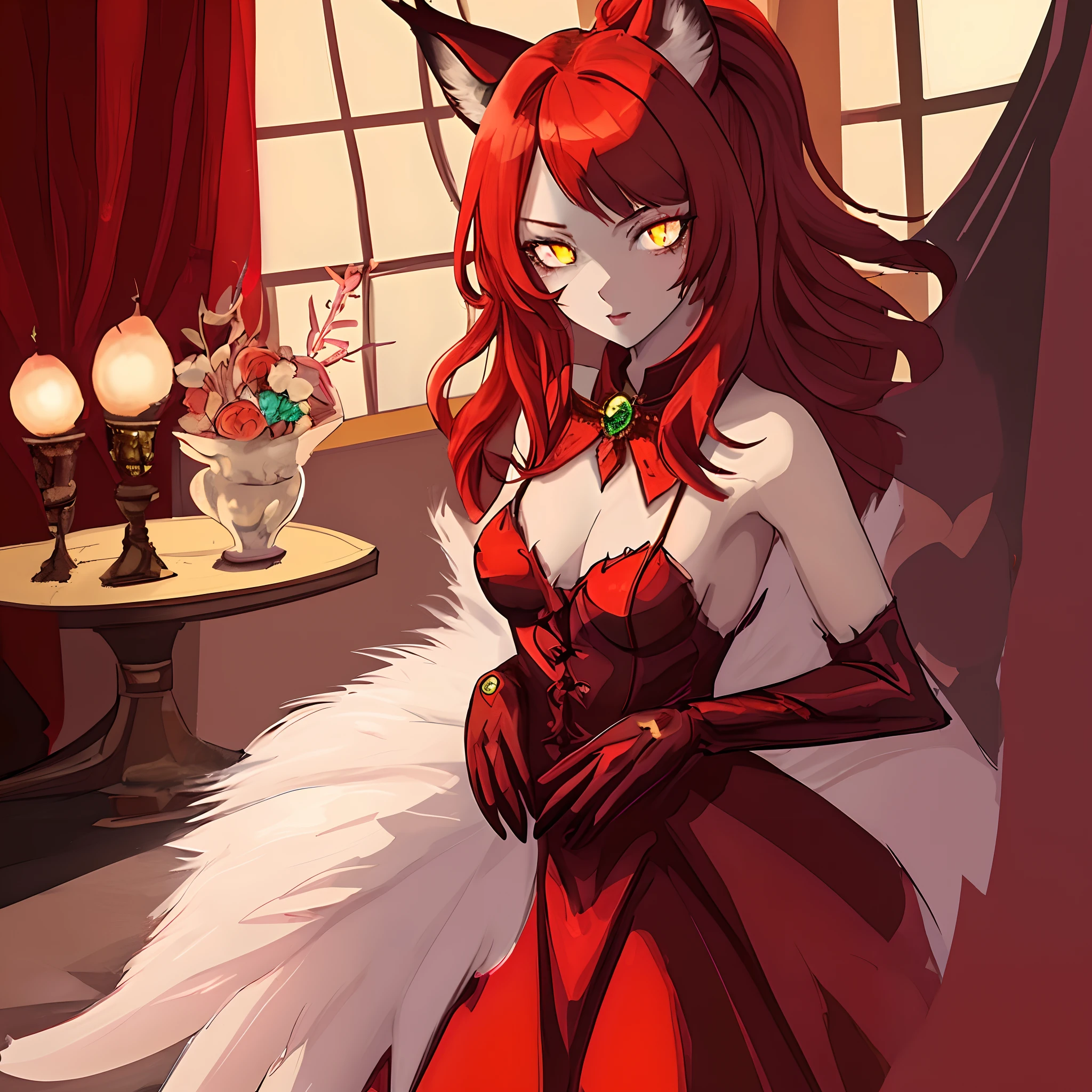 1girl, lynx girl, extremely delicate and seductive girl, long reflecting red hair, lynx ears, fluffy lynx tail, deep red shiny silk dress, jewel adornments glittering like stars, luxurious indoor, dark room only illuminated by her dress, unusual pupils, glowing eyes, magic eyes, cowboy shot, masterpieces, best quality, finely detailed., richly dressed, feline girl, glowify, (unusual pupils), (glowing eyes), (magic eyes)