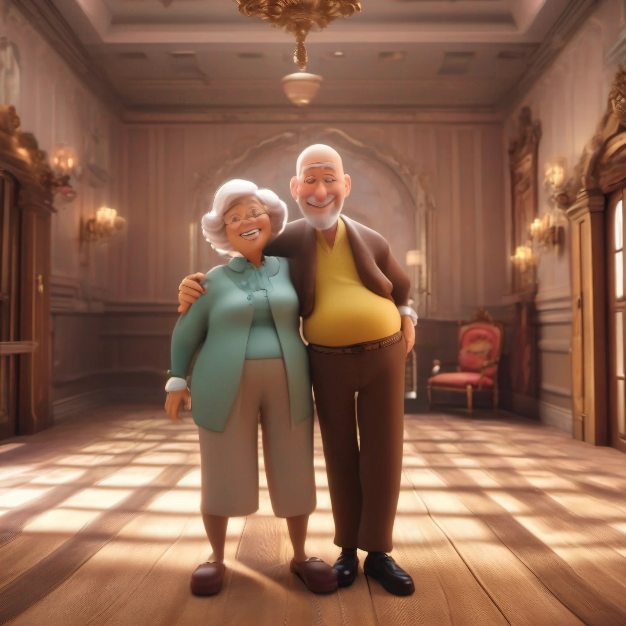 Background with:inside in room,gym room, A happy old couple, , An old woman with a supermodel figure and a bald man with a big belly, Best quality, Masterpiece, Disney Pixar style , master piece, k hd, 8K