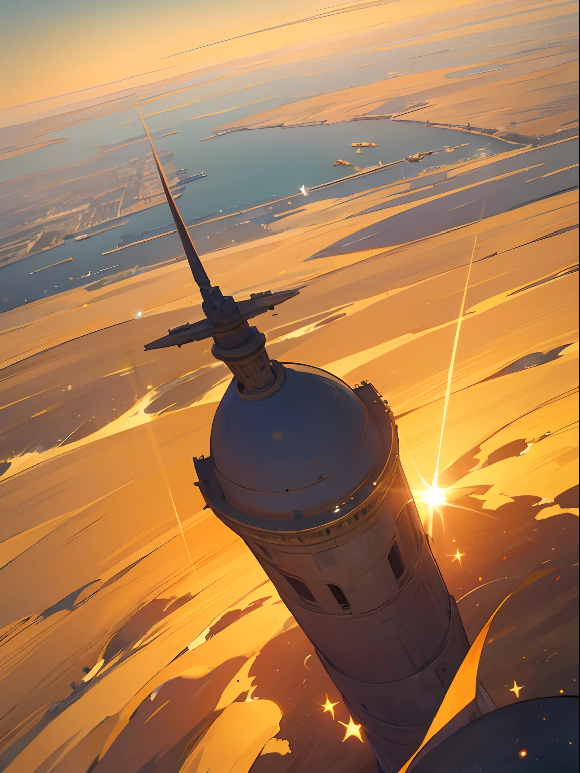 masterpiece、top-quality、realisitic、detaileds、The port town、on a hill、blows wind、falcon、Burning Sahara、The sun leads、Stars on the ground、safran、firmament、aerial bombing、From above、