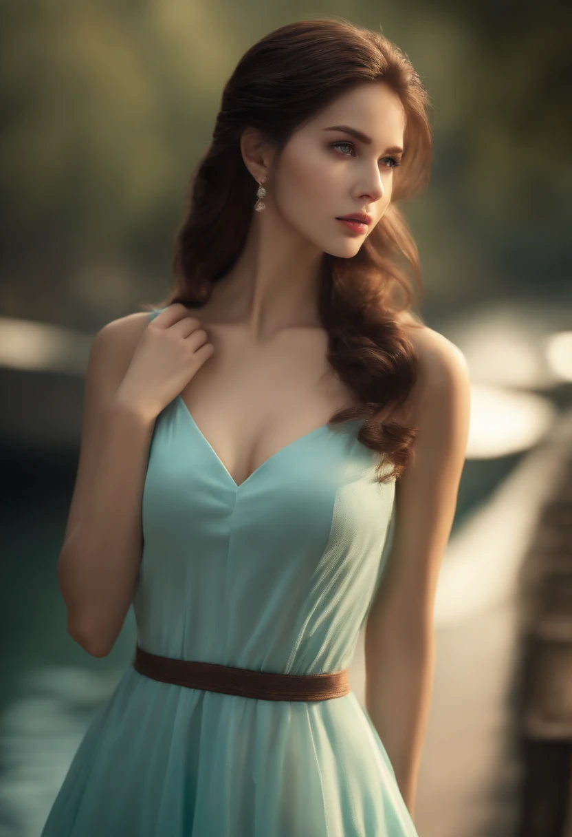 ((Realistic lighting, Best quality, 8K, Masterpiece: 1.3)), Clear focus: 1.2, 1girl, Perfect Body Beauty: 1.4, Slim Abs: 1.1, ((Dark Brown Hair, Big Breasts: 1.3)), (Aqua Dress: 1.4), (Outdoor, Night: 1.1), Super Fine Face, Fine Eyes, Double Eyelids, age19, Looking at Viewer, Realistic, A sexy,