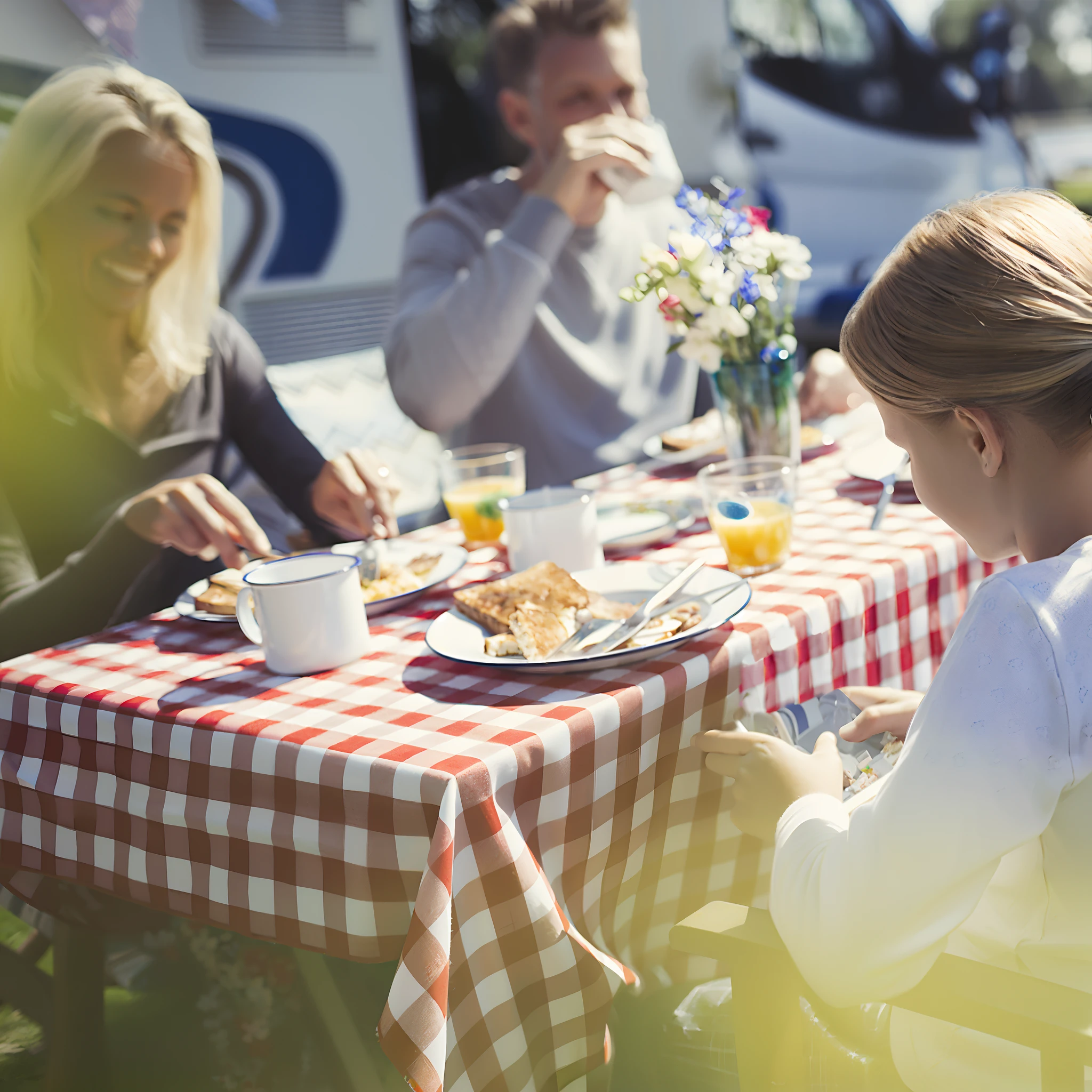 Someone sits at a table and eats out together, family friendly, exteriors, people outside eating meals, Family dinner, people on a picnic, Beautiful surroundings, Artistic interpretation, Flowers around, true to life, shutter inventory, istock, breakfast, summer morning, digital image, celebrating, no surroundings, eating outside, author：Jacob Galmain, is playing happily