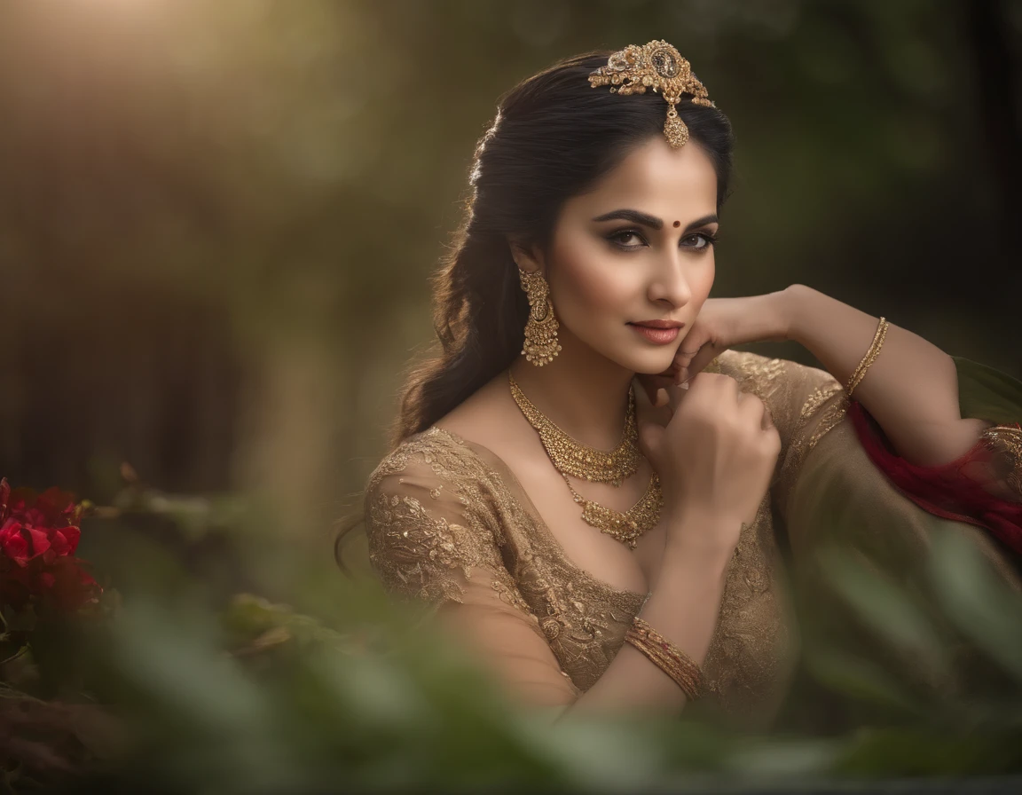 best quality, masterpiece, highres, anushka shetty, transparent silk lace javanese kebaya, silk robe, medium hair, smile, closed mouth,lips, long dress, necklace, jewelry, javanese clothes, make-up, earrings, detailed beautiful eyes,detailed eyelash, Beautiful face,upon_body, tyndall effect,photorealistic, rim lighting, two tone lighting,(high detailed skin:1.2), 8k uhd, dslr, soft lighting, high quality, volumetric lighting, candid, Photograph, high resolution, 4k, 8k, Bokeh, in home, leaf falling , spring, (gigantic breasts:1.5), black bra