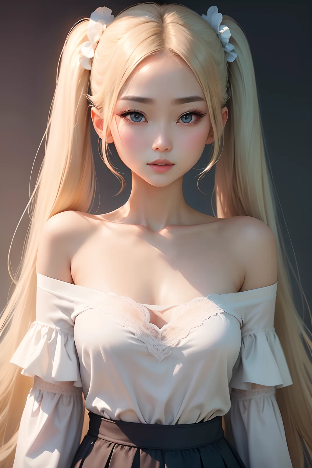  ((best quality)), ((masterpiece)), (detailed), NSFW, small breasts, prominent collarbones, skinny arms, flat stomach, visible hip bones, long hair, red hair, white hair, blonde hair, dark hair, ponytail, thick ponytail, heavy ponytail, Realistic Shadows, Detailed skin, Very small breasts, Hair Ribbon, Very detailed, highly detailed face, Perfect face shape, Perfect lips, Perfect nose, Correct beautiful eyes, Watching Viewer, Best Quality, Single Girl, No bra, No panties, Solo 