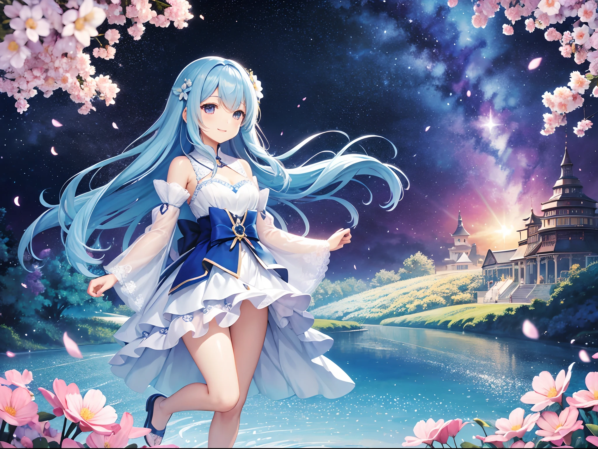 (hight resolution、ultra-detailliert、nffsw、movie)、独奏、1girl in、Happiness、Girl Standing In Cosmos Flower Garden、Girl around the petals、A charming smile、full body Esbian、Long-haired girl with blue hair、lightblue hair、facing front、Fantasia、Official art、pop-art、profile、hyperdetailed face、ultradetailed eyes、Cosmos Flower Garden、Ultra Detailed Fields、White blue sky、 shuicolor、blanche、Nebulae in the sky、watercolor paiting、PastelColors