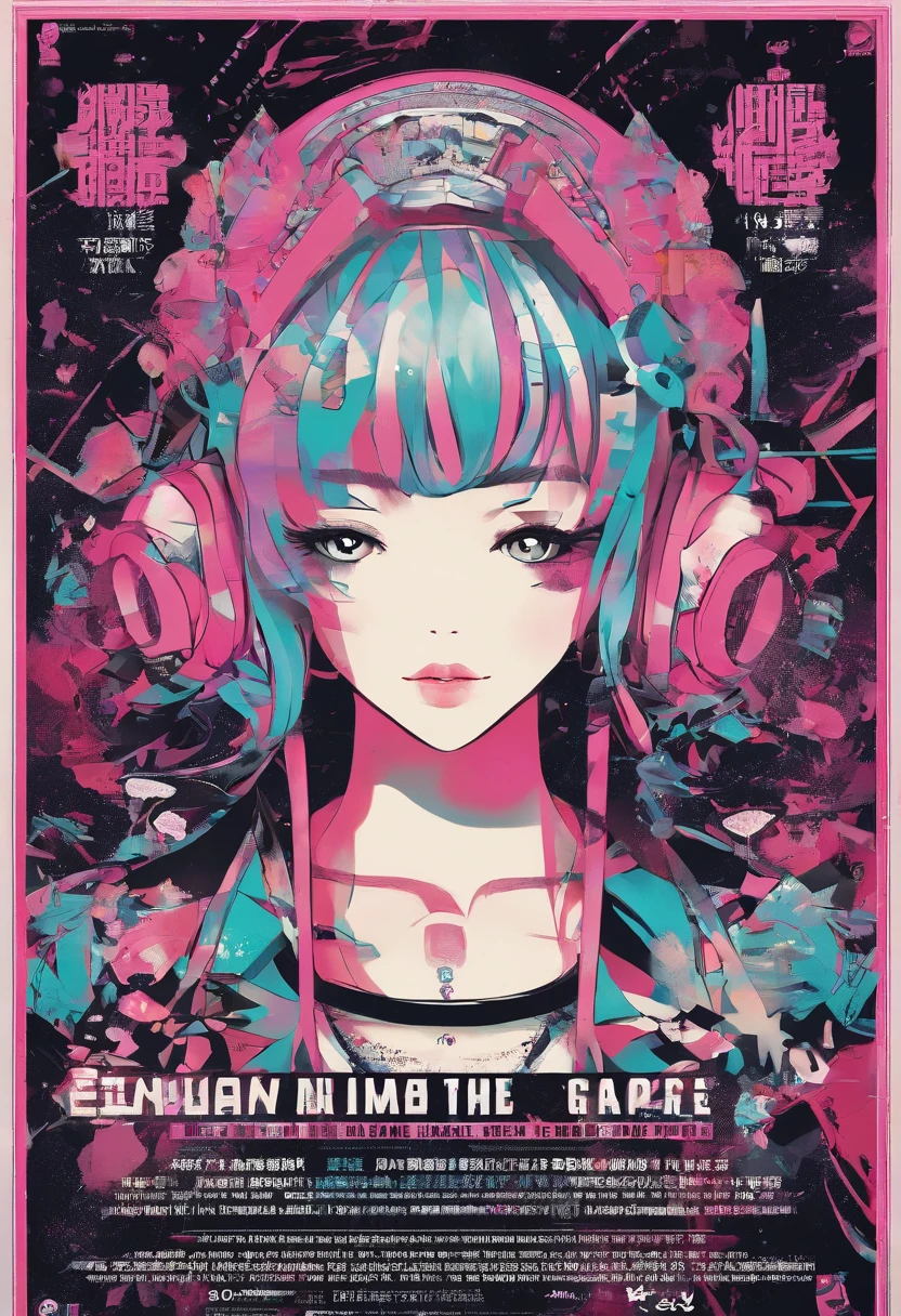 black and pink mesh hairstyle,Girl using fluorescent pink headphones,Cute with big eyes,Describe the whole body,Wearing a pink hoodie,cyber punk,Straddling a motorcycle,wearing rider boots