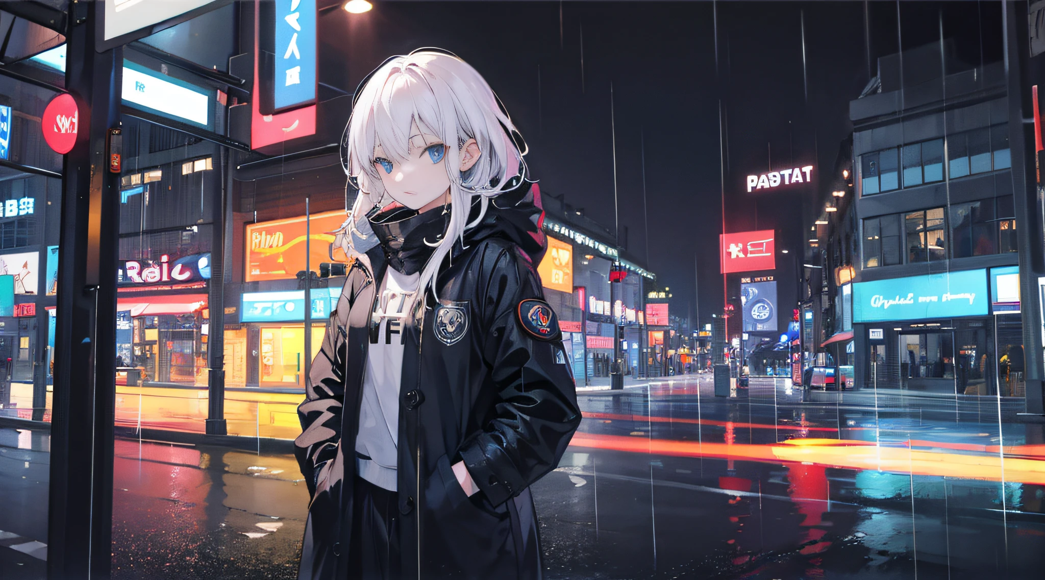 1girl, Night City, rain, coat, hands in pockets