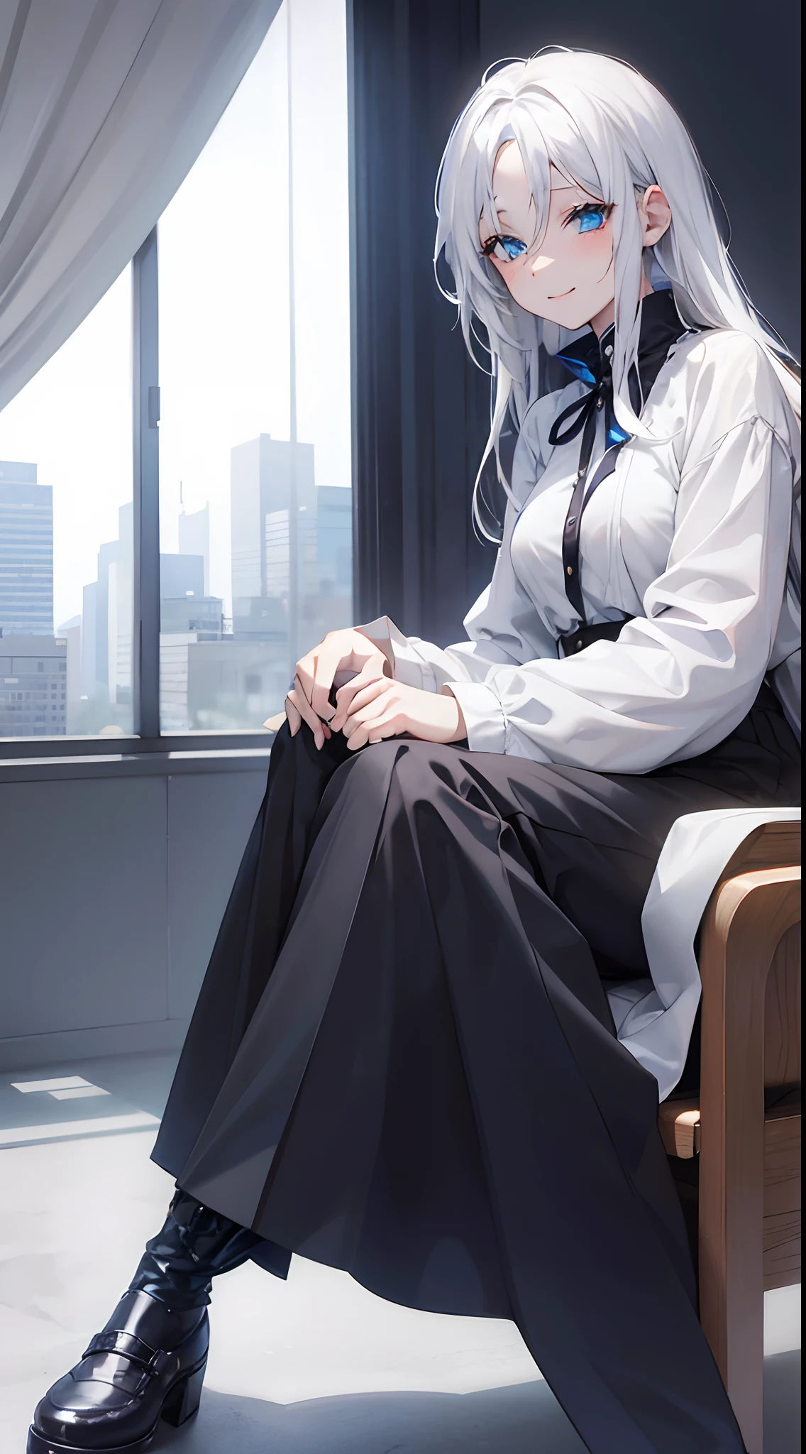 1人の女性、Sitting on a chair、White hair、Wolfhair、trouser、blue eyess、Happy face