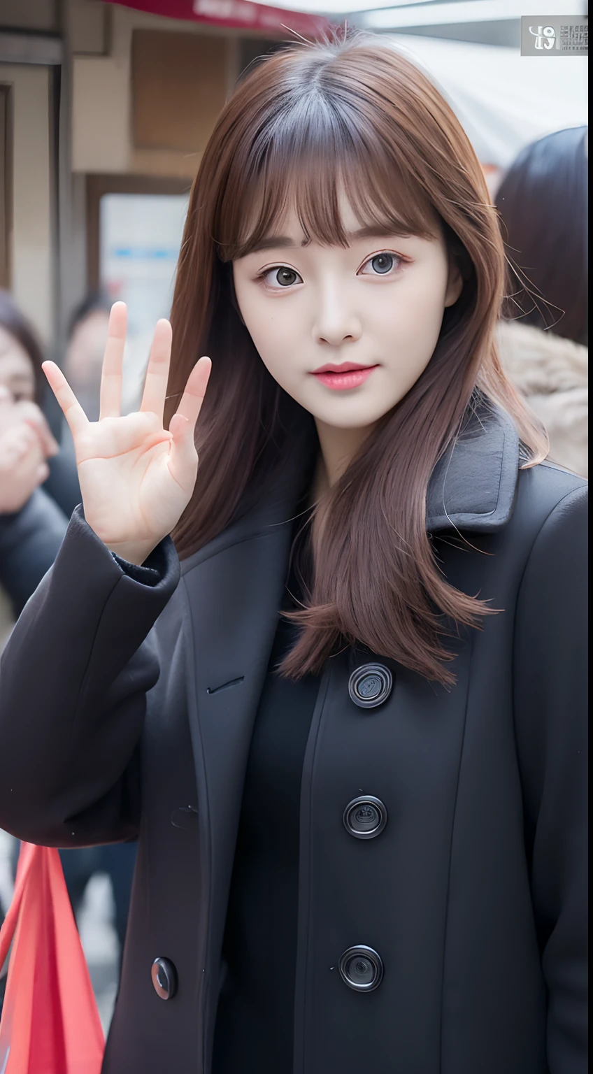 Realistic photos of (1 cute Korean star) side swept bangs, thin makeup, 32 inch breasts size, wearing coat, waving to viewer, walking around the market, UHD