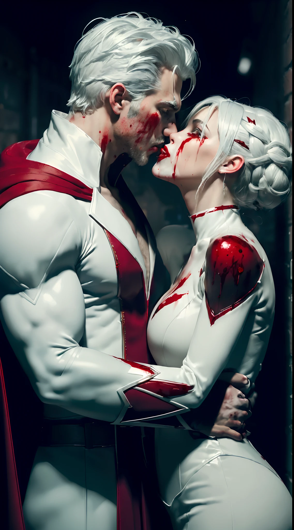 ((masterpiece)), ((8k resolution)),((( a man and a woman ))), medium white hair, white superhero costume with red cape, ((((filled with blood)))), creepy, in dark cyber city alley ((((kiss))))