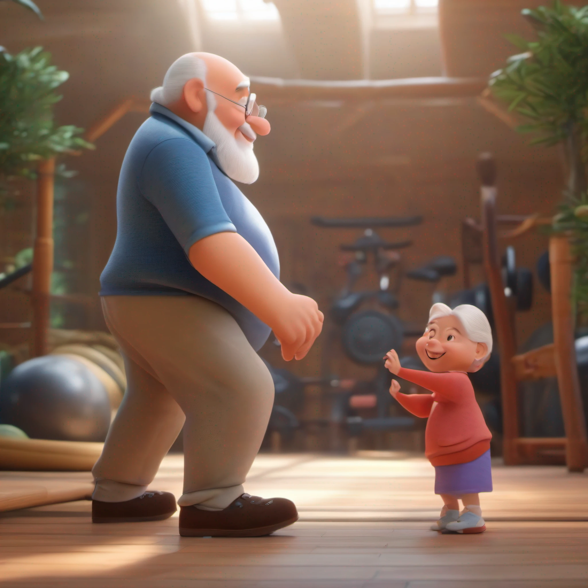 (Background: indoor, gym) A happy old couple, (An old lady with a supermodel figure) And a bald grandfather with a big belly, The best quality, Masterpiece, Disney Pixar style, Representative Works, k hd, 8K