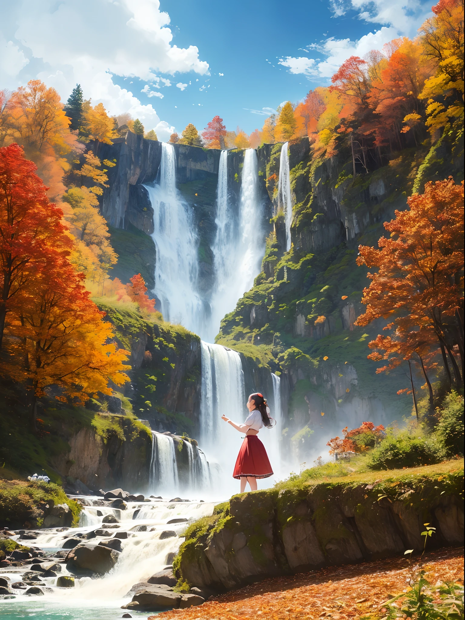(Masterpiece), Landscape centre, landscape portrait, (kawaii:1.4), A girl, (high-waisted tiered skirt:1.4), (Pretty red embroidery), dynamic Pose, Autumn, waterfall, Ultra-detailed background, high contrast, autumn sky, autumn clouds, Calm atmosphere,