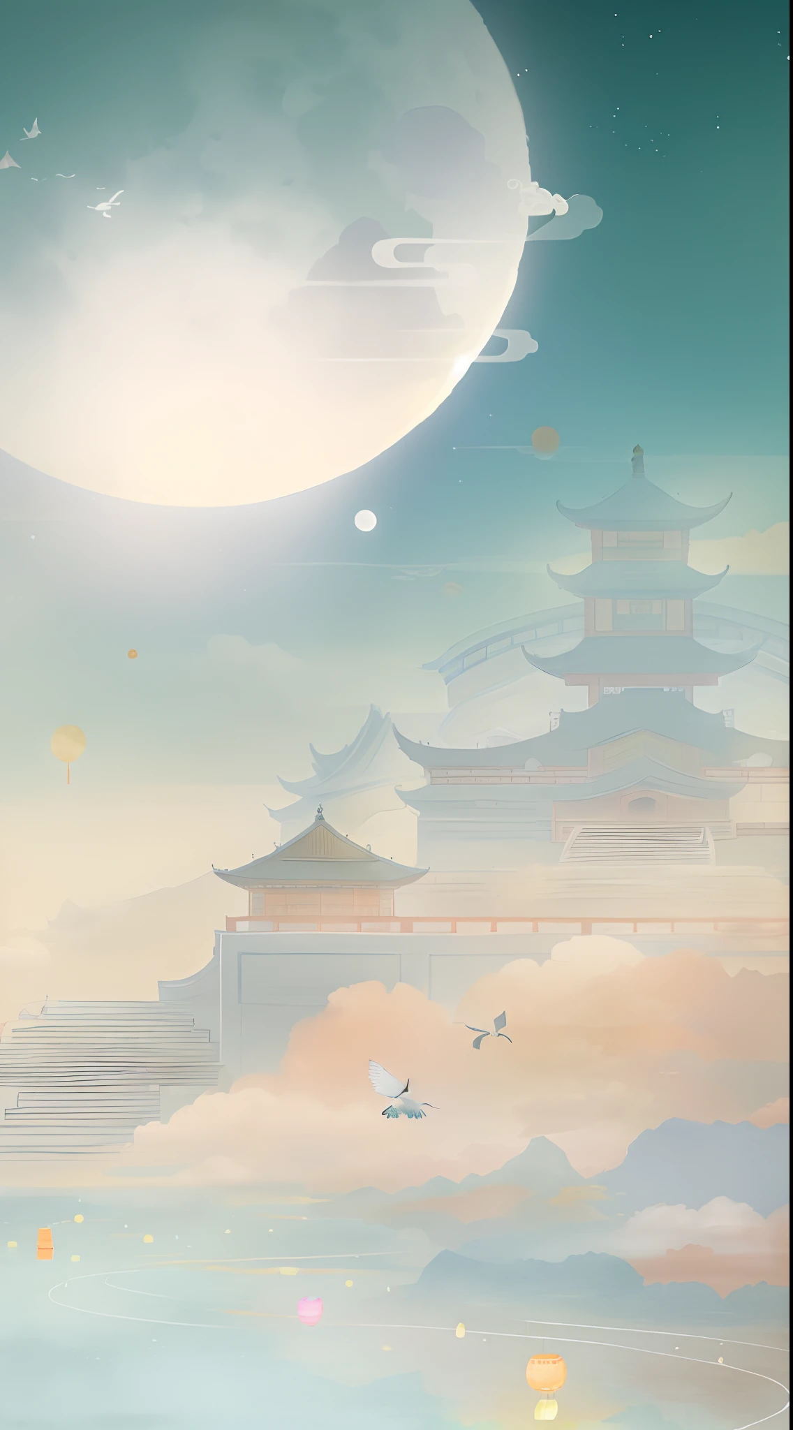 mid-autumn festival，The huge moon is in the sky above left，At the bottom right is the Chinese palace，Around the magpie