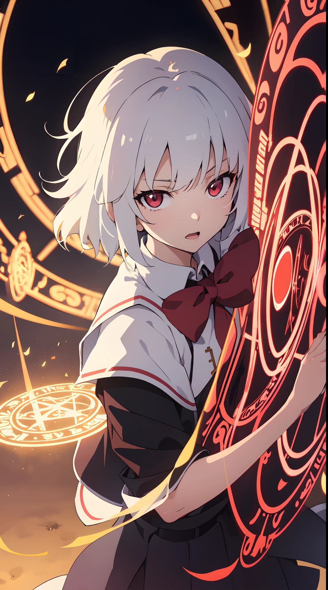 anime girl with white hair and red eyes holding a shield, magic circle, best anime 4k konachan wallpaper, white haired deity, zerochan art, anime art wallpaper 8 k, anime style 4 k, ufotable art style, detailed key anime art, anime art wallpaper 4 k, anime art wallpaper 4k, ryuko matoi, white haired, anime wallaper