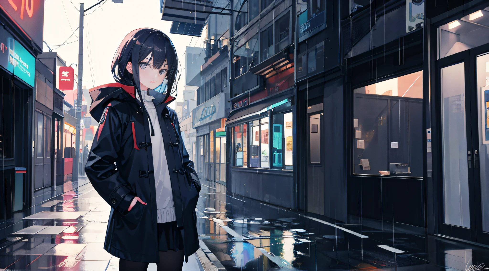 1girl, Night City, rain, coat, hands in pockets
