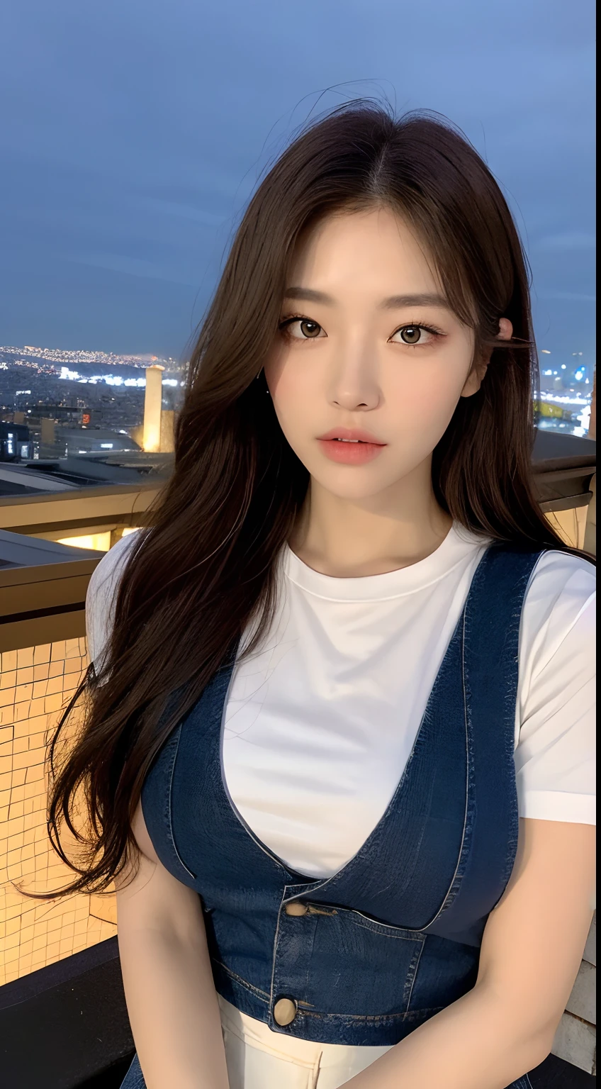 ((Midnight, Best quality, 8k, Masterpiece :1.3)), Whole body, Long legs, Sharp focus :1.2, A pretty woman with perfect figure :1.4, Slender abs :1.1, ((Dark brown hair, Big breasts :1.2)), (White tight tshirt, Jean bib, Standing:1.2), ((Night city view, Rooftop:1.3)), Highly detailed face and skin texture, Detailed eyes, Double eyelid