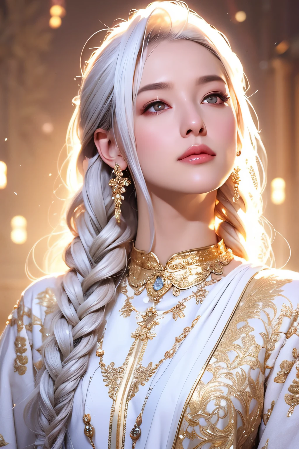 Best Quality, masutepiece,White hair, Gold eyes,White clothes, Looking Up, Upper body,Strands of hair,Fair skin,side braids