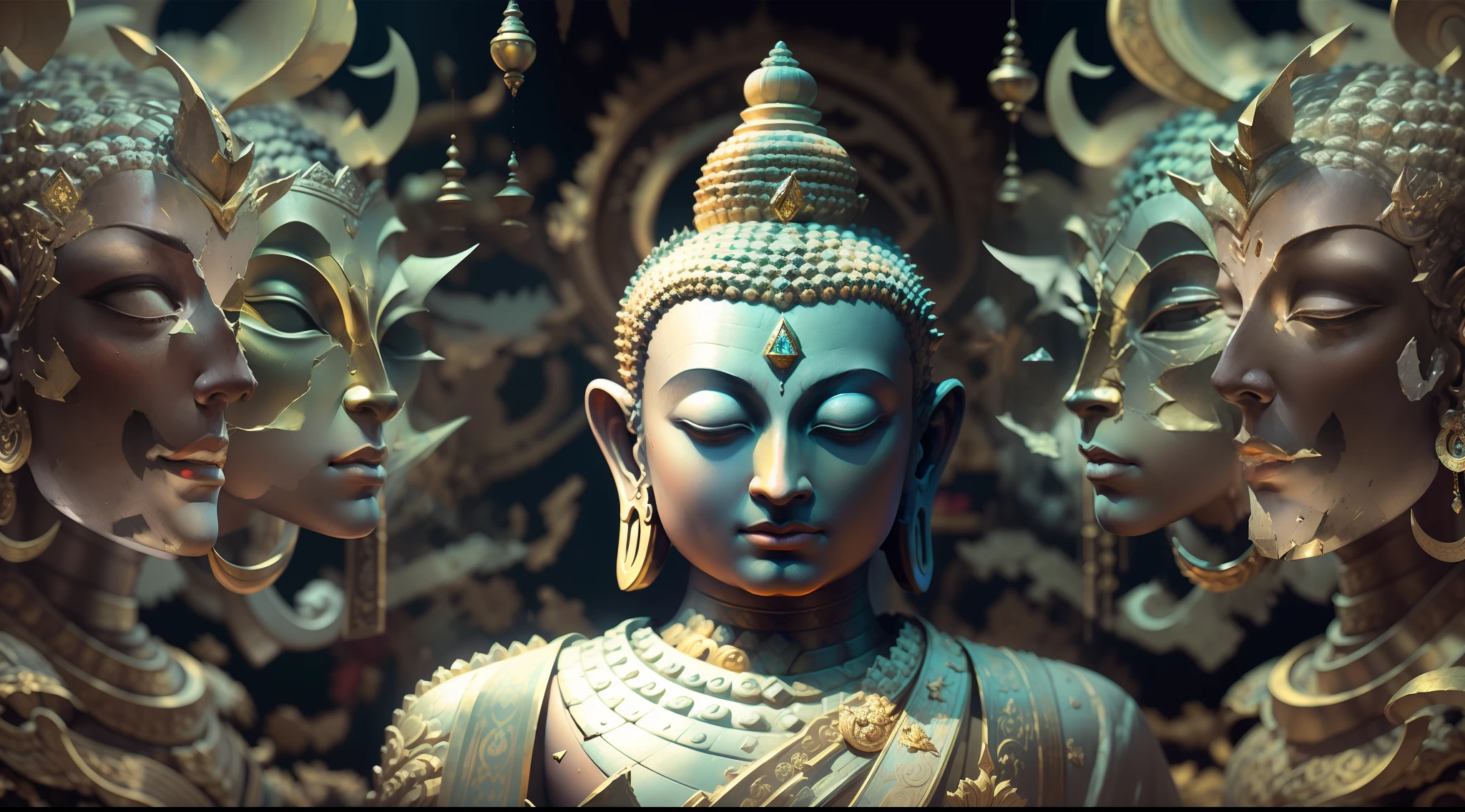 ((best quality)), ((masterpiece)), ((realistic)), Half Buddha，Half devil,Gradual collapse，Scattered into fragments and scattered， Clear focus, studio photo, Complicated details, The is very detailed, Detailed eyes, illustratio, The is very detailed, Clear focus, a digital rendering, professinal, 4k，8K，16K