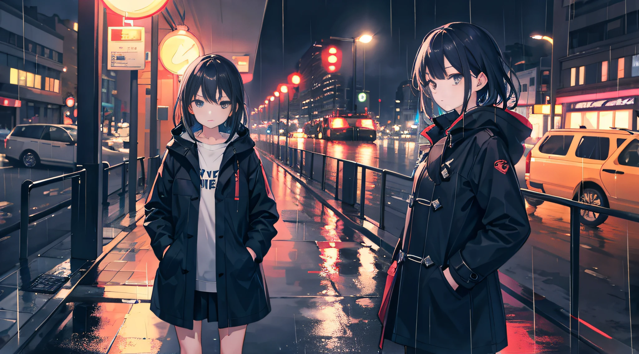 1girl, Night City, rain, coat, hands in pockets
