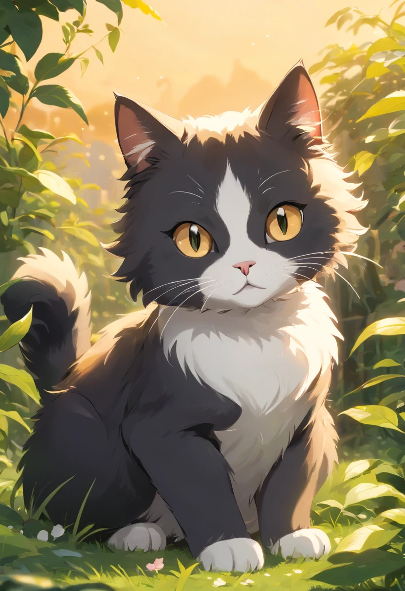 "Generate ultra-high-definition images of chic cats, Classic Cat Pose. Using advanced macro photography techniques、Highlights the intricate details of the cat's coat, mustaches, And expressive eyes.

Place the camera at the cat's eye level, Create an intimate connection between the viewer and the cat subject. Implement a wide aperture for a shallow depth of field, Make the cat stand out clearly against a gently blurred background.

Improve lighting to emphasize the texture and contours of the cat's body, Using the software, Remove coarse shadows、, cosy atmosphere.

Catch a cat in a relaxed position, But balanced, Show your flexibility and elegance. Try to capture the moment in natural movement, Stretching, grooming, etc., To convey a sense of authenticity.

Implement post-processing techniques to improve image clarity, contrast, and color balance, Secure all aspects, From the intricate patterns of cats to their intense gazes, Rendered in stunning detail.

Finally, convey the gentle beauty and innate grace of the cat,, Capture fleeting moments celebrating the unique essence of a cat's curiosity and balance." ((Background: garden)), ((golden hour light)), ((majestic)),((kitten)), ((tuxedo-cat)), ((black-white cat))