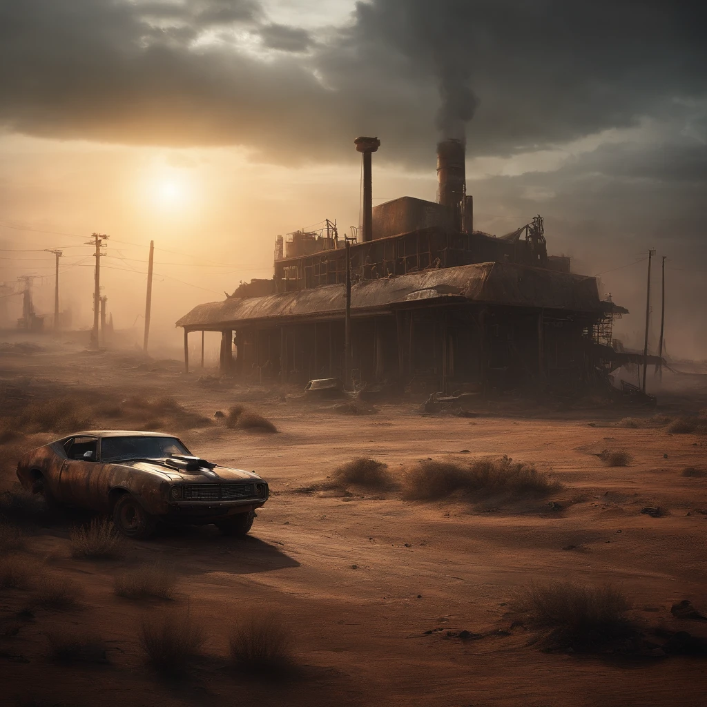 "((post apocalyptic world, gritty atmosphere, Dystopian landscape)) madmax"