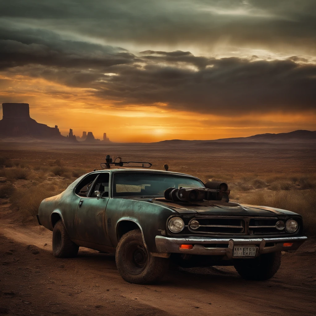 "((post apocalyptic world, gritty atmosphere, Dystopian landscape)) madmax"