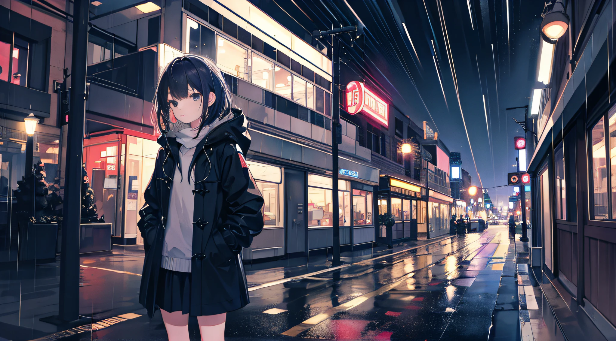 1girl, Night City, rain, coat, hands in pockets