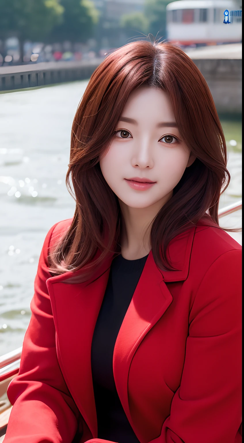 Realistic photos of (1 cute Korean star) hair over one eye, thin makeup, 32 inch breasts size, wearing red coat, sitting at the river, ray tracing, UHD