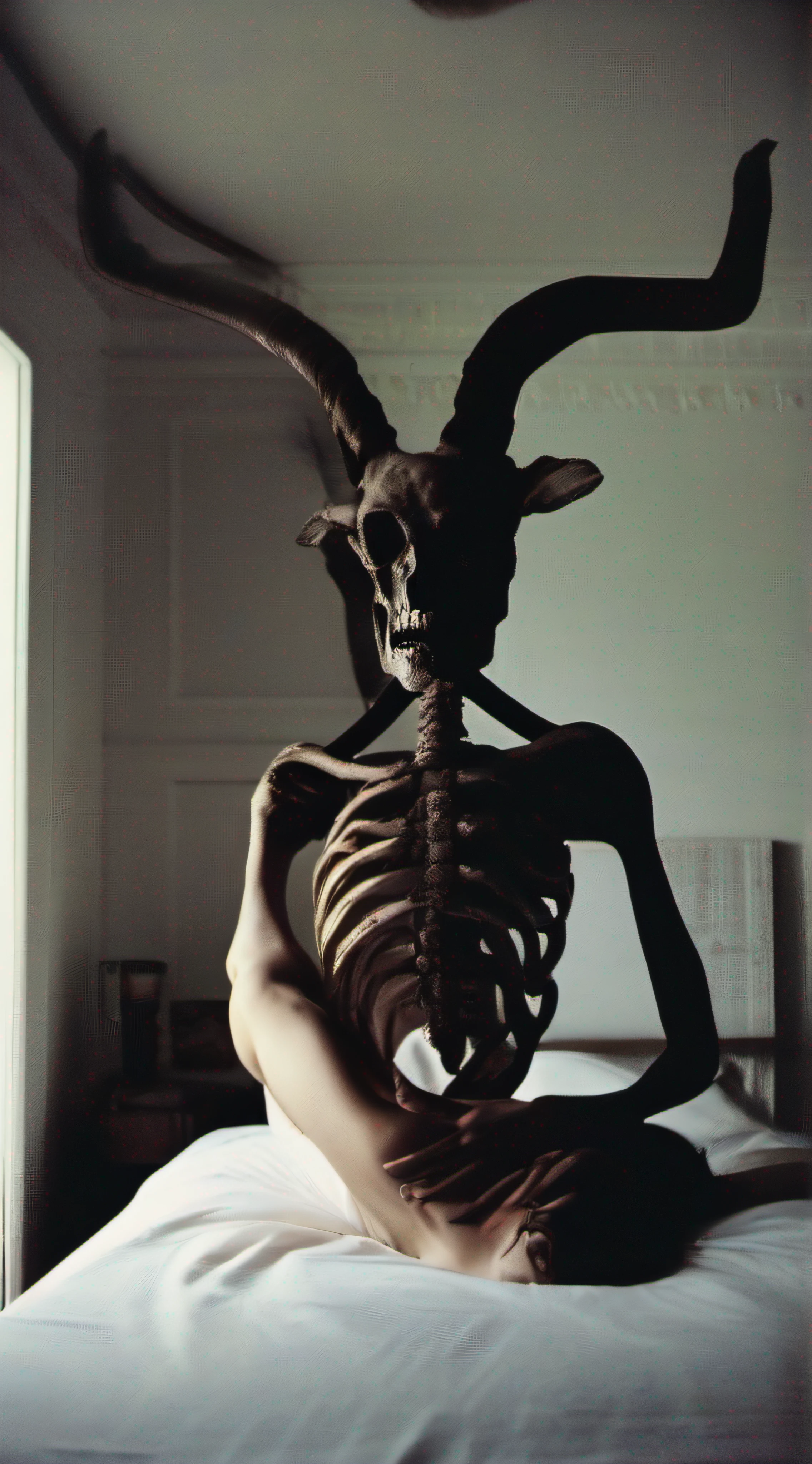 "(The best lighting, alto contraste, oscuro, dramatic),(Chica rubia junto a una cabra negra gigante, Open the rib cage, feto, autopsia, huesos humanos, sangre por las paredes). Luz Caravaggio"
