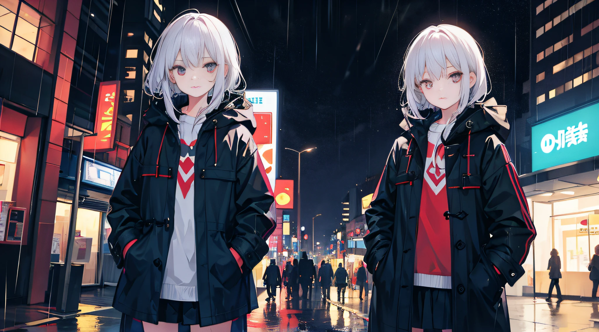 1girl, Night City, rain, coat, hands in pockets