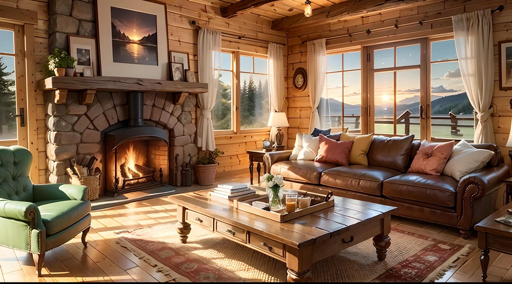 THIS EVENING WOODEN CABIN LIVING ROOM ANIME BACKGROUND, (COZY ATMOSPHERE), (SUBTLE LIGHTING), BRIGHT STONE FIREPLACE FIRE, THIS BEST QUALITY EVENING FLOOR, TRANSPARENT GLASS WINDOWS