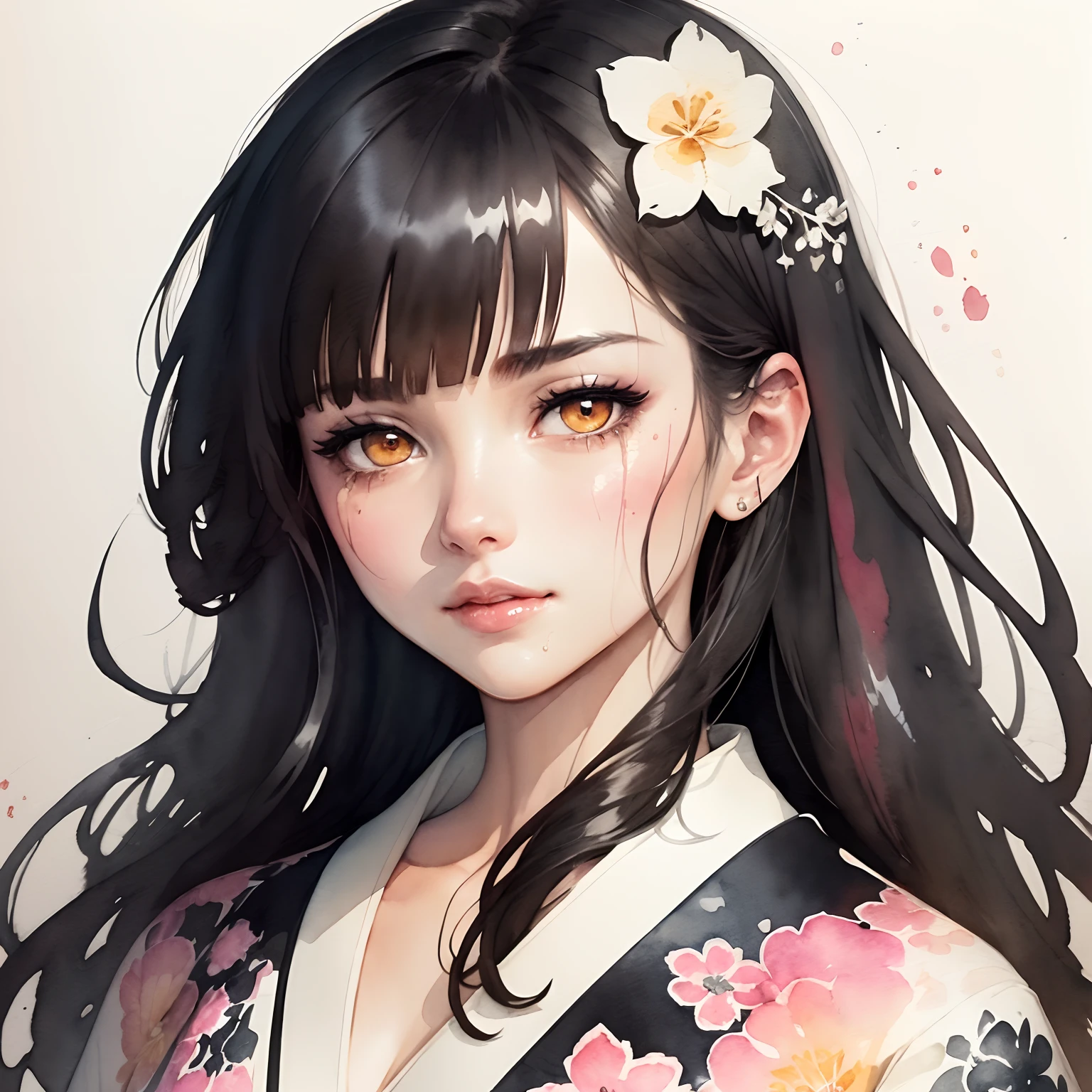 (Rough handmade sketch) attractive, intricate and very detailed line art, watercolor illustration of female head with floral ornament, floral kimono kimono, tetradic color, colorful and very detailed dark brown eyes, beautiful eyes, black hair, beautiful straight bangs, straight long hair, overall watercolor-like texture, perfectly centered image, (white background with watercolor splash), Focus on face line, (((dripping watercolor)) ink contour, 32K, highest quality