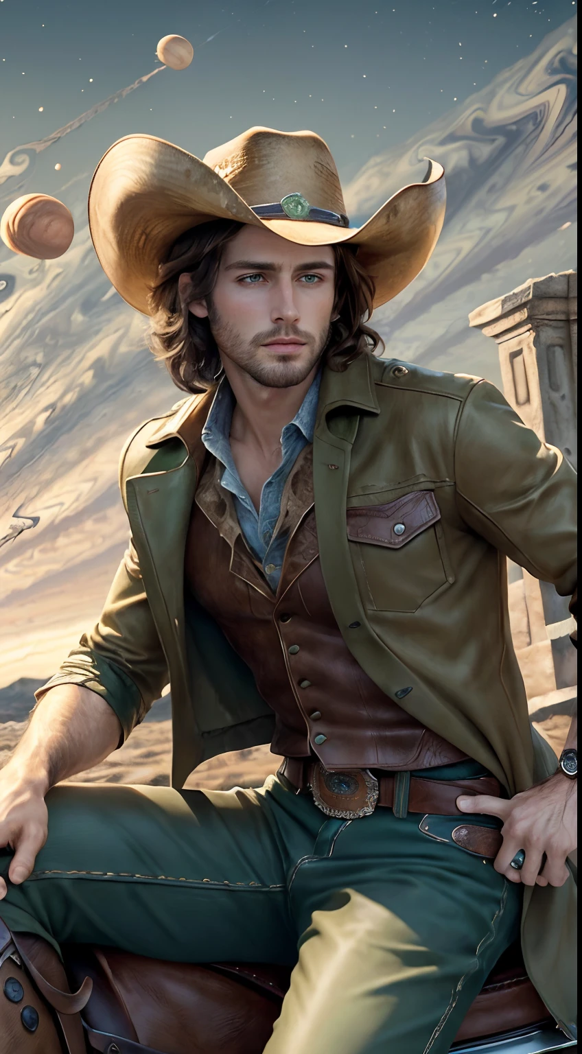 (masterpiece,8k resolution),a boy ,handsome, green eyes, ((medium brown hair)),((cowboy clothes)), stylish hat,(( on a jupiter)), falling from sky
